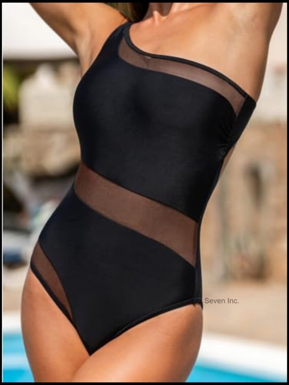 One Shoulder One Piece Swimsuit with Mesh Panel Removable Cups - Picture 4 of 7